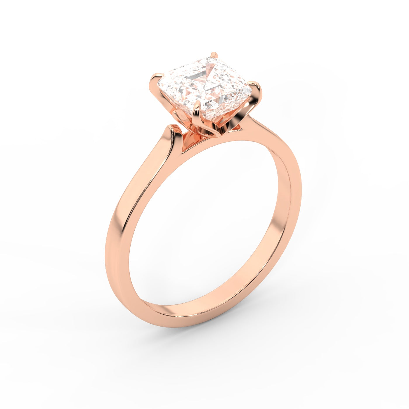 Asscher Cut Lab Grown Diamond Solitaire Engagement Ring in Rose Gold showing floral prong setting.
