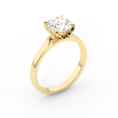 Round cut lab grown diamond solitaire engagement ring in yellow gold with floral basket setting