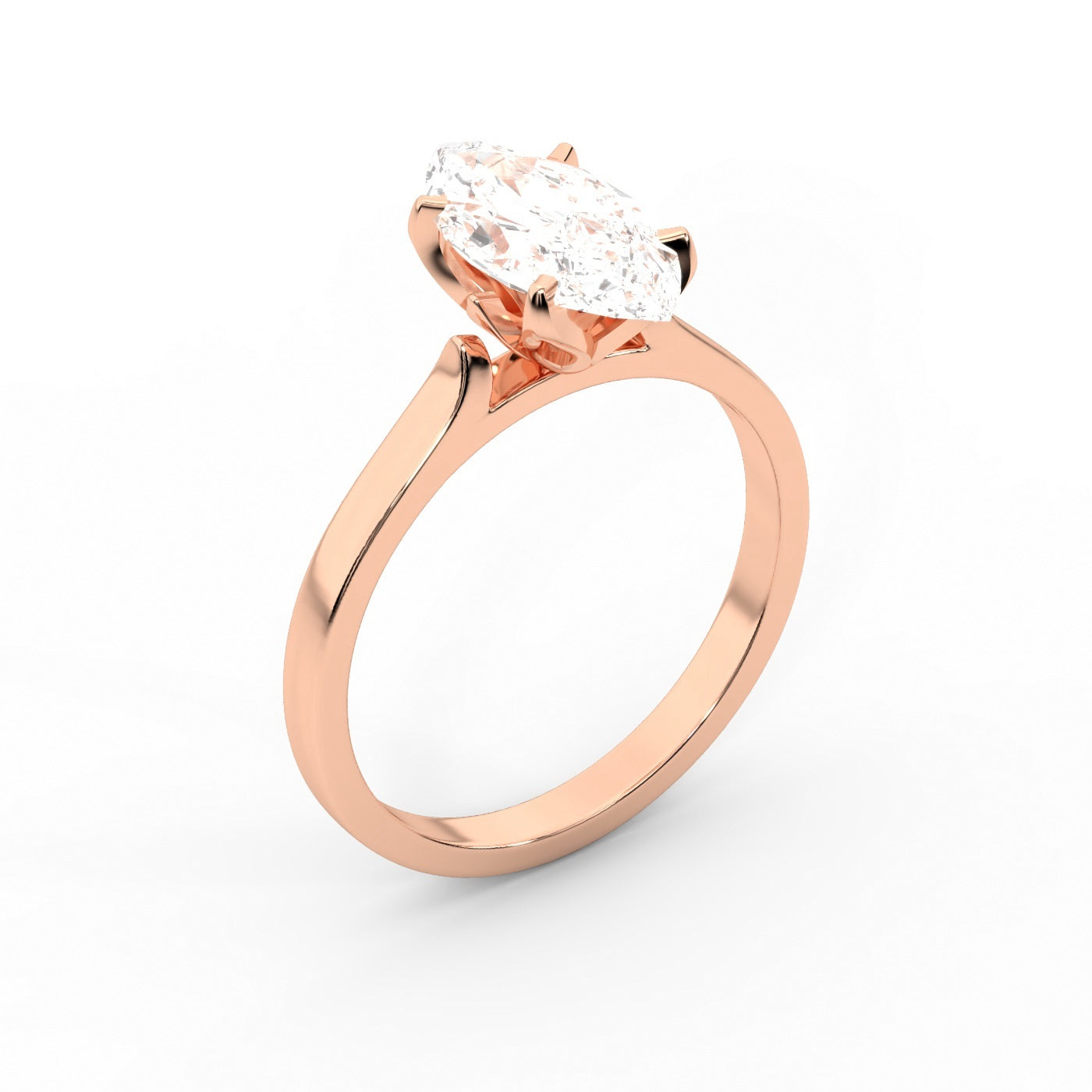 Marquise cut lab grown diamond solitaire engagement ring in warm rose gold floral setting.