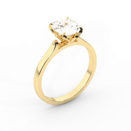 Cushion Cut Lab Grown Diamond Solitaire Engagement Ring with floral basket detail in Yellow Gold