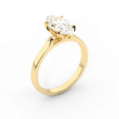 Marquise cut lab grown diamond solitaire engagement ring in rich yellow gold setting.
