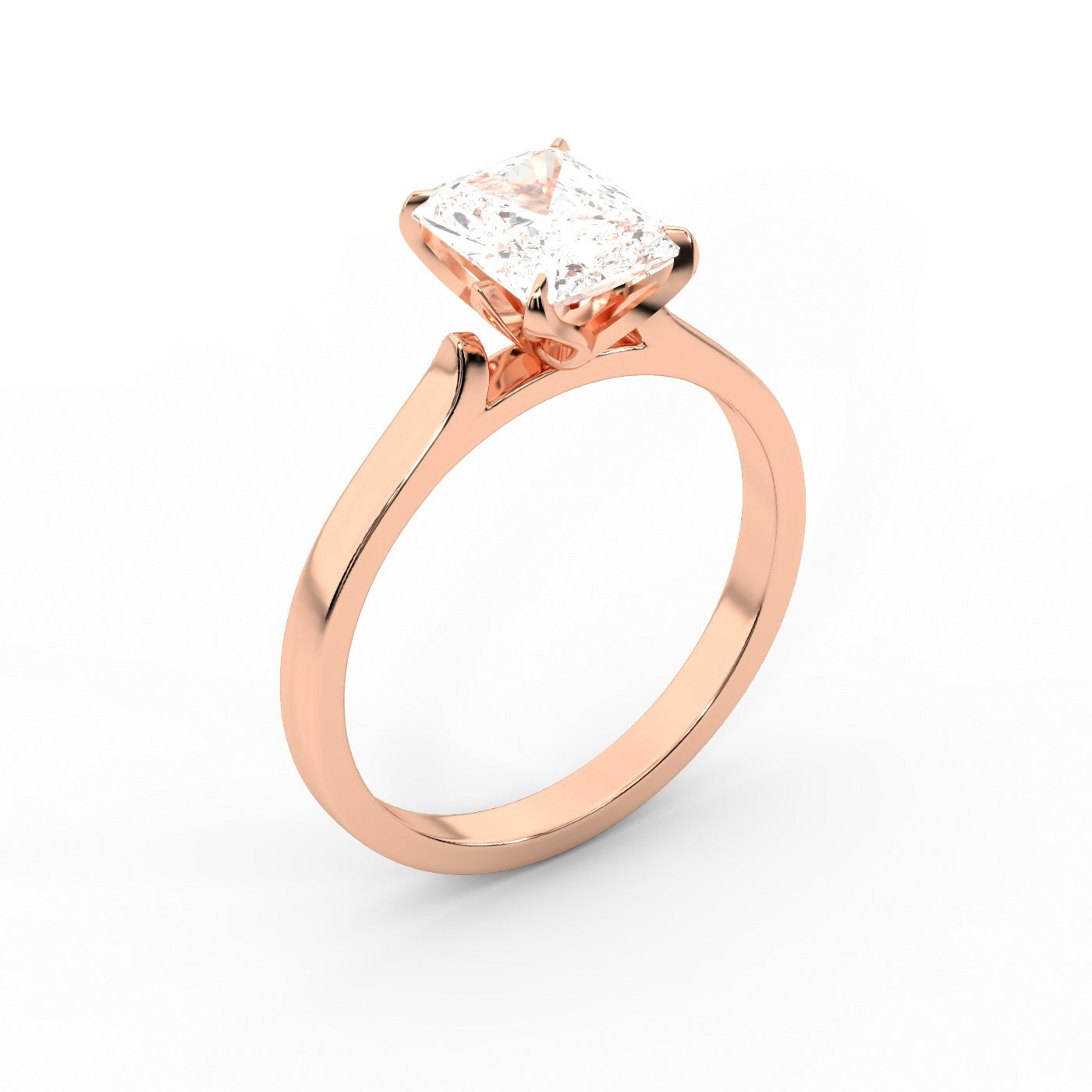 Radiant Cut Lab Grown Diamond Solitaire Engagement Ring in Rose Gold showing side profile