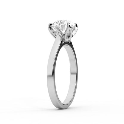 Round cut lab grown diamond solitaire engagement ring in white gold with floral basket setting