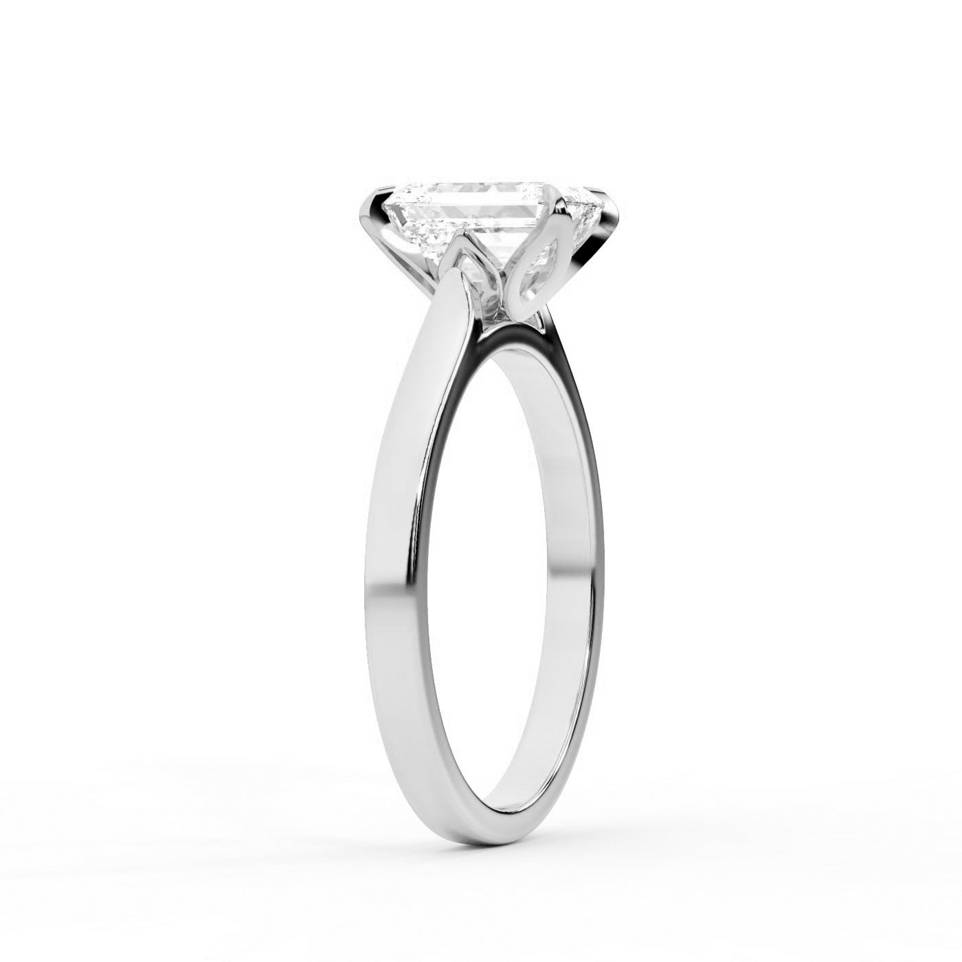 Emerald Cut Lab Grown Diamond Solitaire Engagement Ring in Silver with Floral Basket Setting