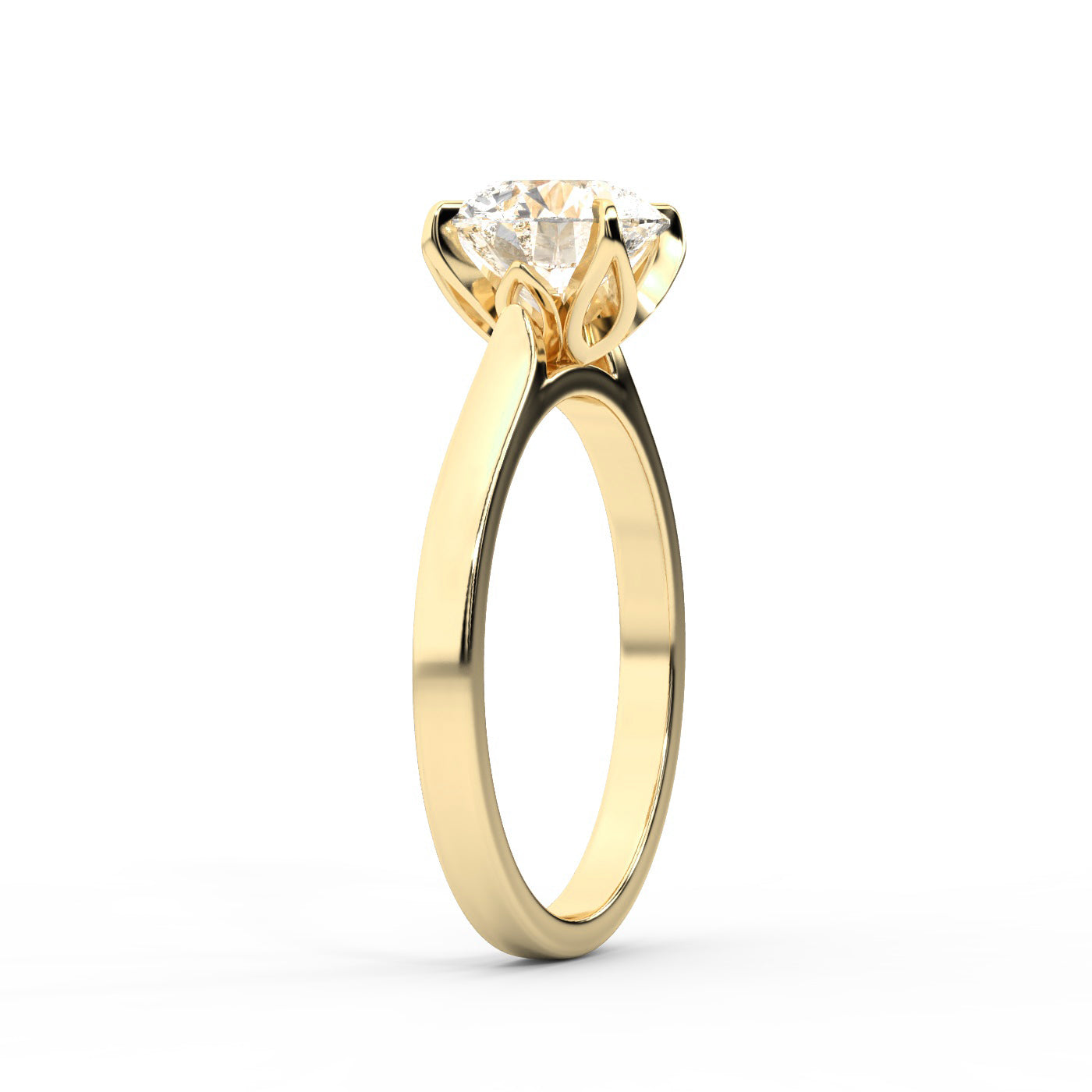 Round cut lab grown diamond solitaire engagement ring in yellow gold with floral basket setting