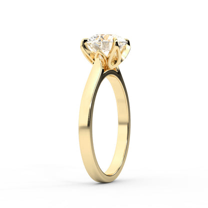 Round cut lab grown diamond solitaire engagement ring in yellow gold with floral basket setting
