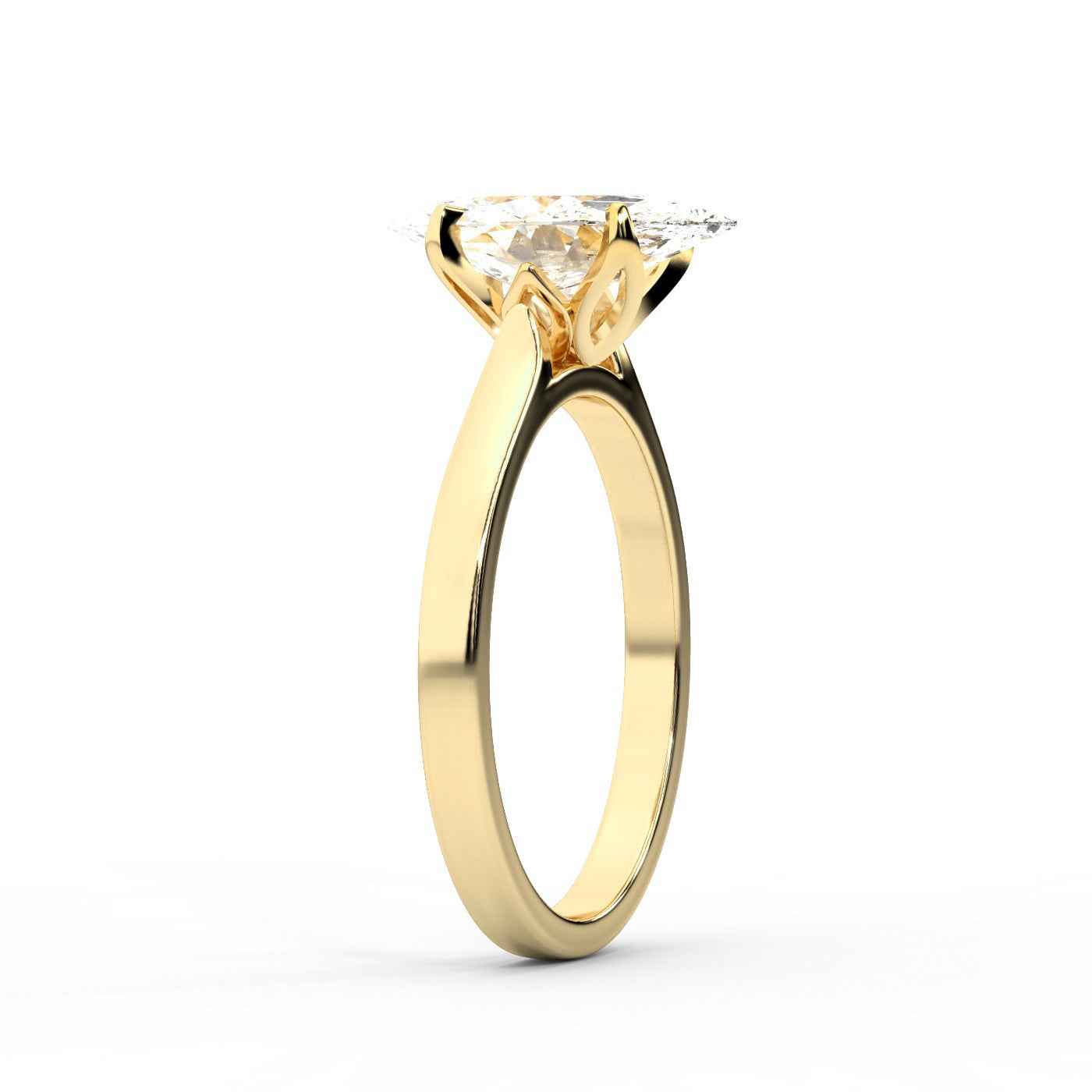 Marquise cut lab grown diamond solitaire engagement ring in rich yellow gold setting.