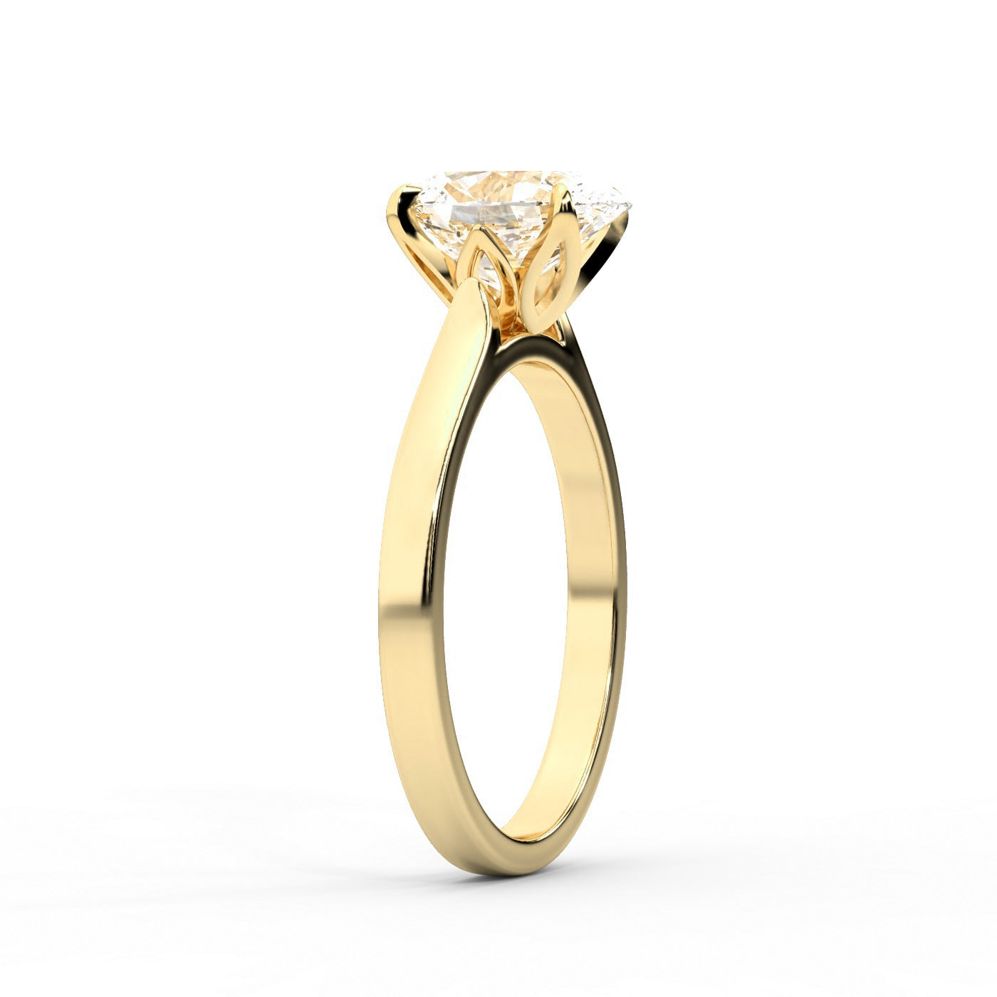 Oval Cut Lab Grown Diamond Solitaire Engagement Ring in Yellow Gold showing detailed petal prongs