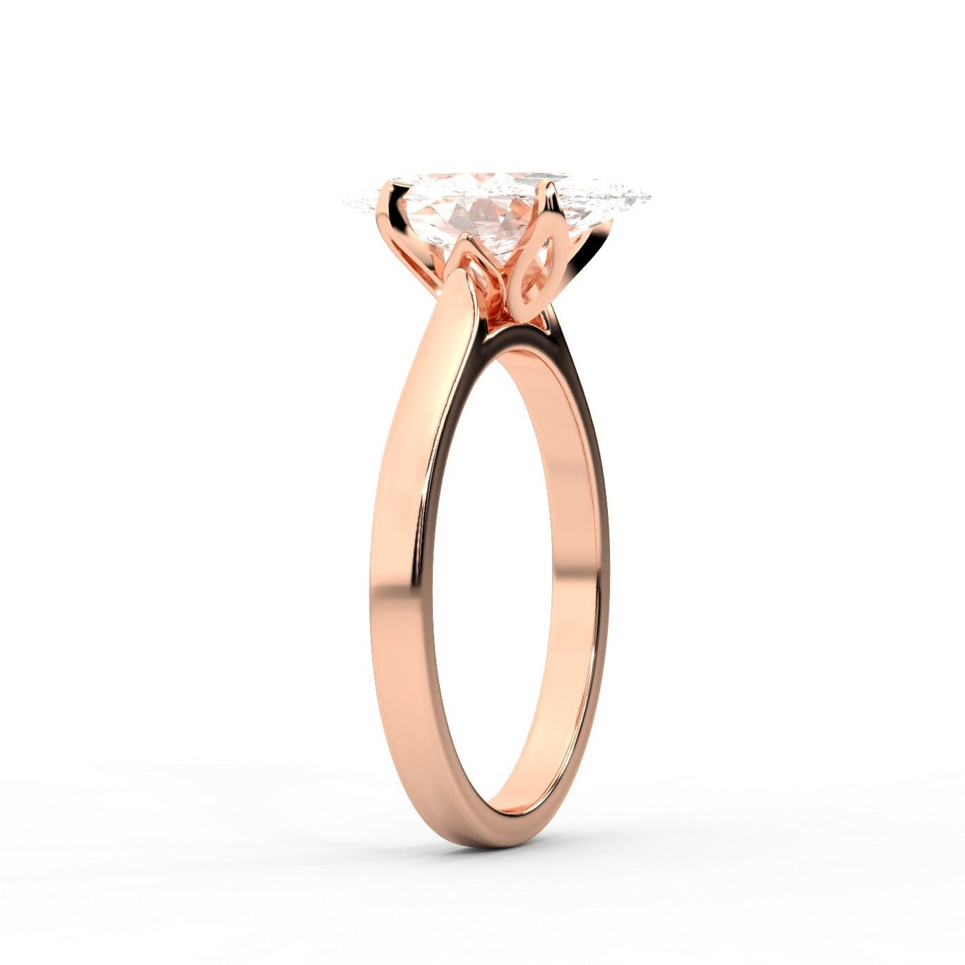 Marquise cut lab grown diamond solitaire engagement ring in warm rose gold floral setting.