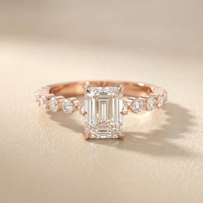 Emerald Cut Lab Grown Diamond Engagement Ring with Side Stones in Rose Gold