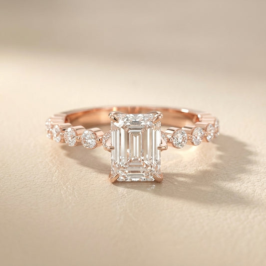 Emerald Cut Lab Grown Diamond Engagement Ring with Side Stones in Rose Gold
