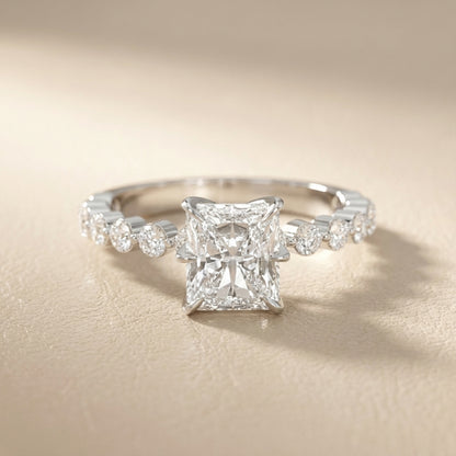 Radiant Cut Lab Grown Diamond Engagement Ring with Side Stones in Platinum