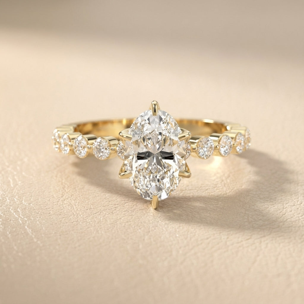 Oval Cut Lab Grown Diamond Eleanor Majesty Engagement Ring with Side Stones in Yellow Gold