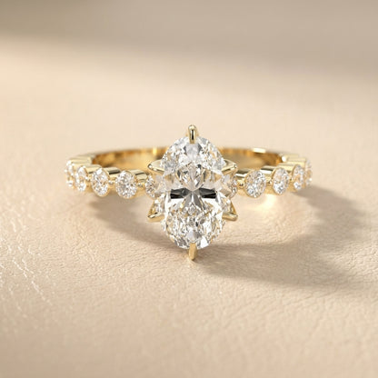 Oval Cut Lab Grown Diamond Eleanor Majesty Engagement Ring with Side Stones in Yellow Gold