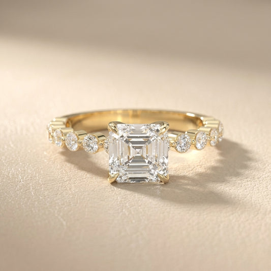 Asscher Cut Lab Grown Diamond Eleanor Majesty Engagement Ring in Yellow Gold