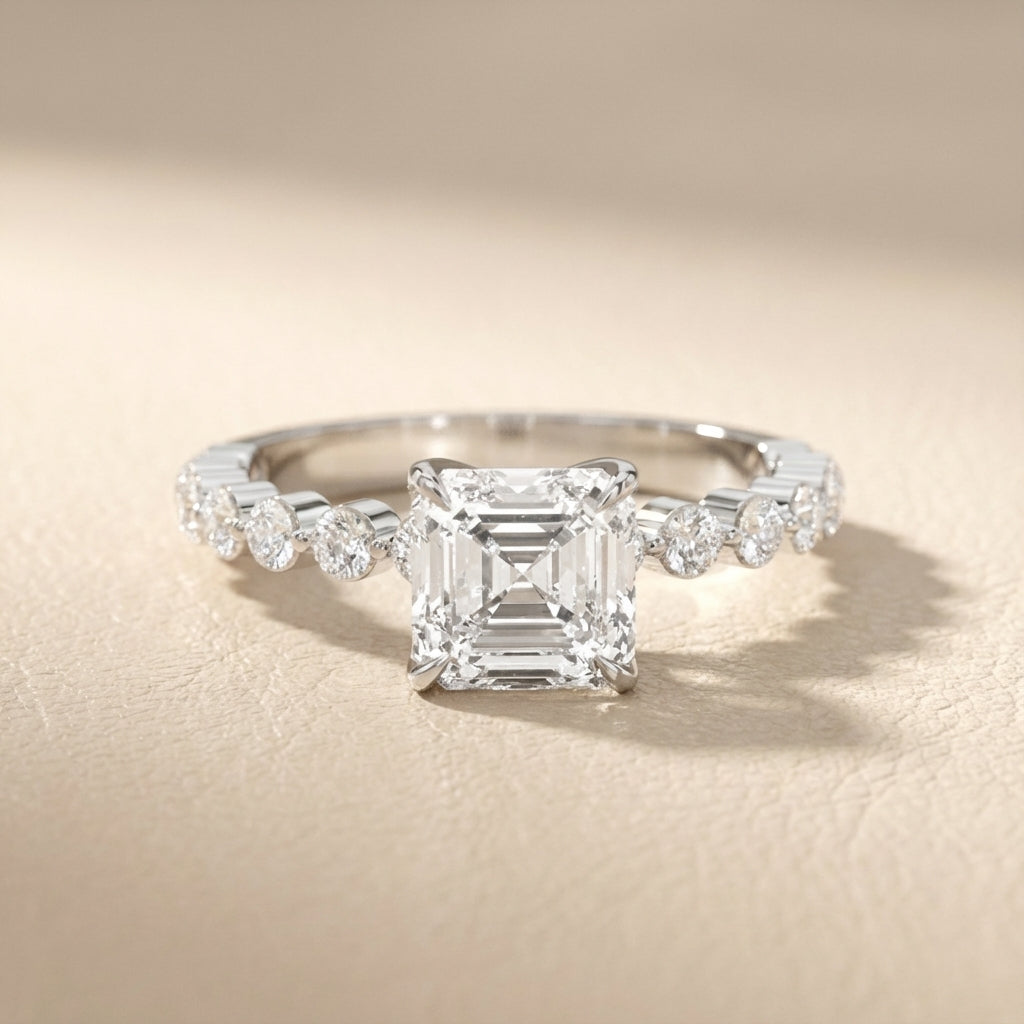 Asscher Cut Lab Grown Diamond Eleanor Majesty Engagement Ring in Platinum