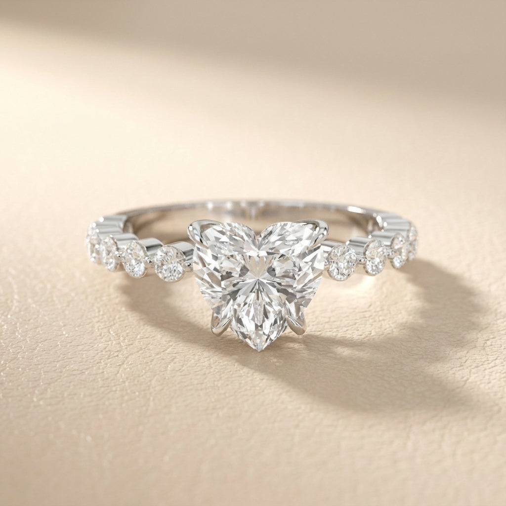 Heart Cut Lab Grown Diamond Side Stone Engagement Ring in White Gold setting