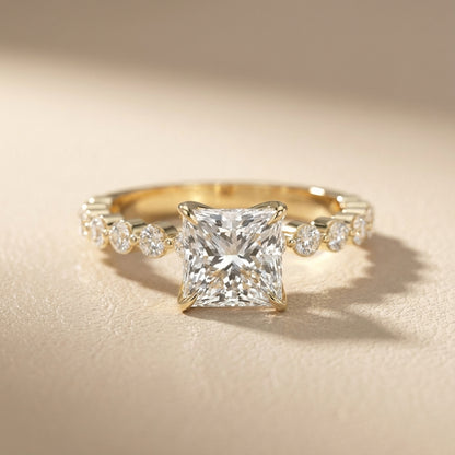 Princess Cut Lab Grown Diamond Engagement Ring in Yellow Gold with floating side stones