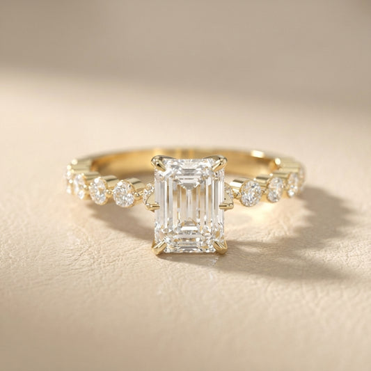 Emerald Cut Lab Grown Diamond Engagement Ring with Side Stones in Yellow Gold