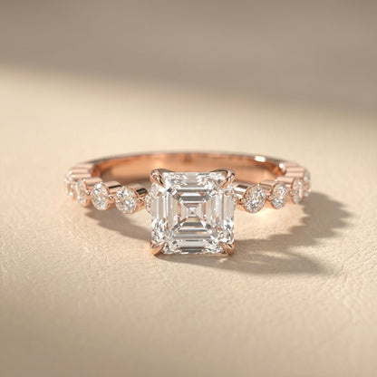 Asscher Cut Lab Grown Diamond Eleanor Majesty Engagement Ring in Rose Gold