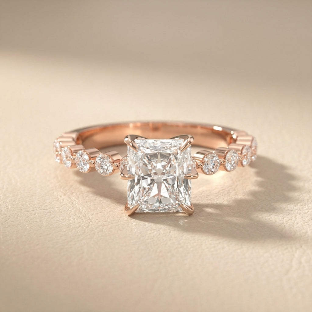 Radiant Cut Lab Grown Diamond Engagement Ring with Side Stones in Rose Gold