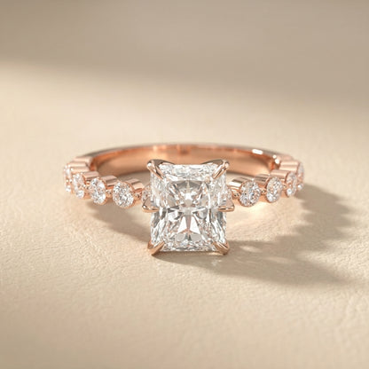 Radiant Cut Lab Grown Diamond Engagement Ring with Side Stones in Rose Gold