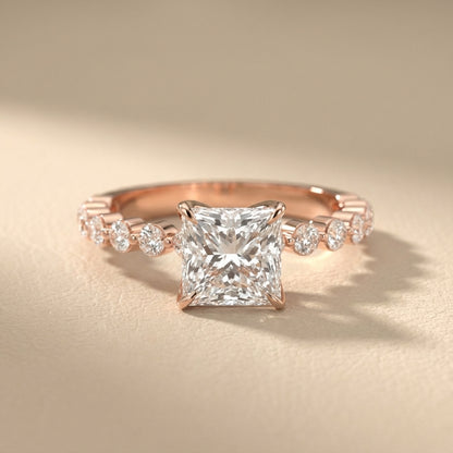 Princess Cut Lab Grown Diamond Engagement Ring in Rose Gold with floating side stones