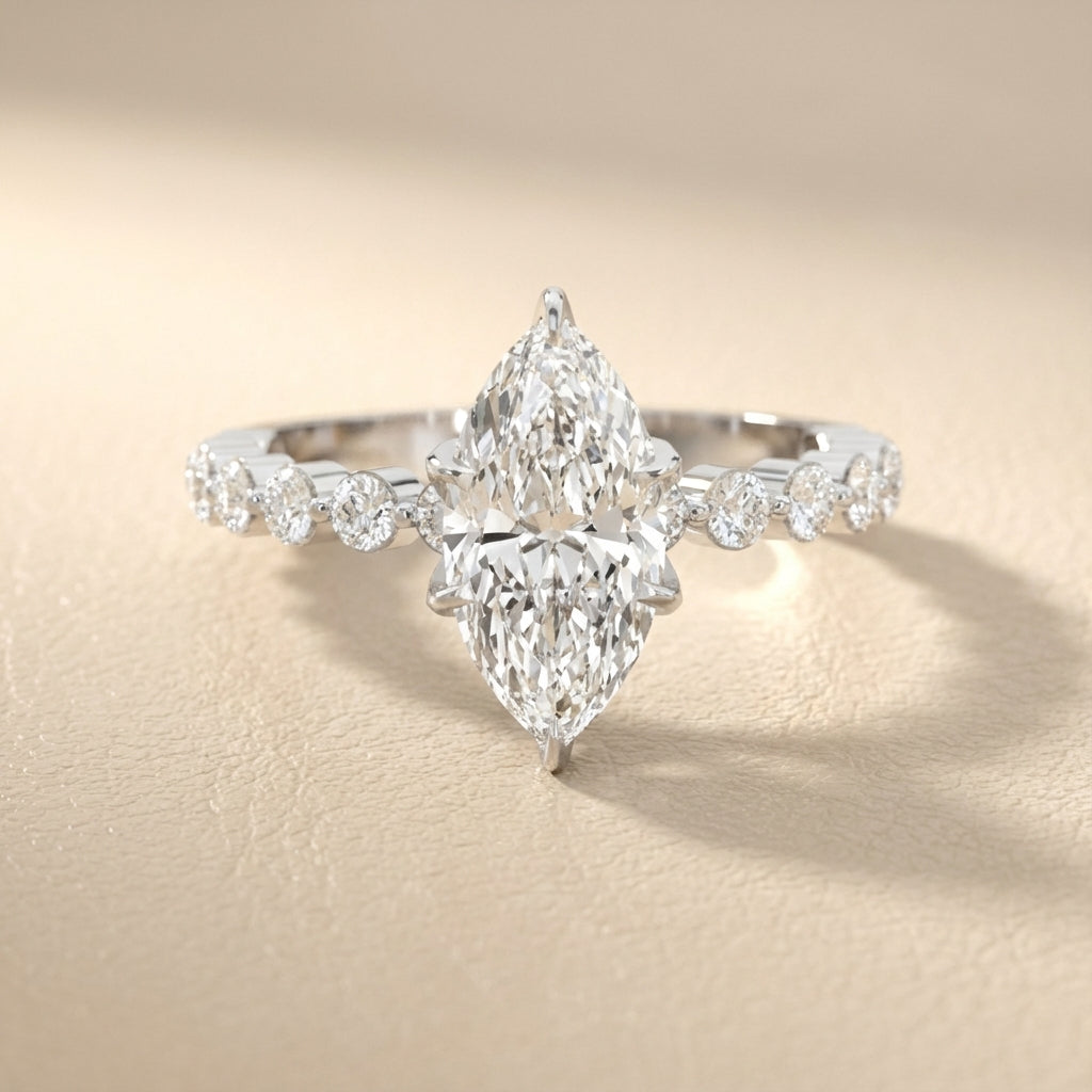 Marquise Cut Lab Grown Diamond Engagement Ring with floating side stones set in White Gold