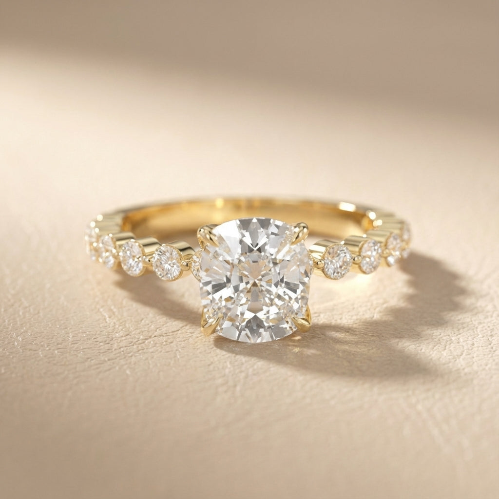 Cushion Cut Lab Grown Diamond Eleanor Majesty Engagement Ring set in Yellow Gold
