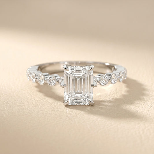 Emerald Cut Lab Grown Diamond Engagement Ring with Side Stones in Platinum