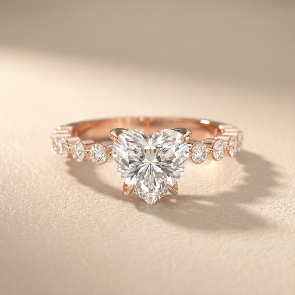 Heart Cut Lab Grown Diamond Side Stone Engagement Ring in Rose Gold setting