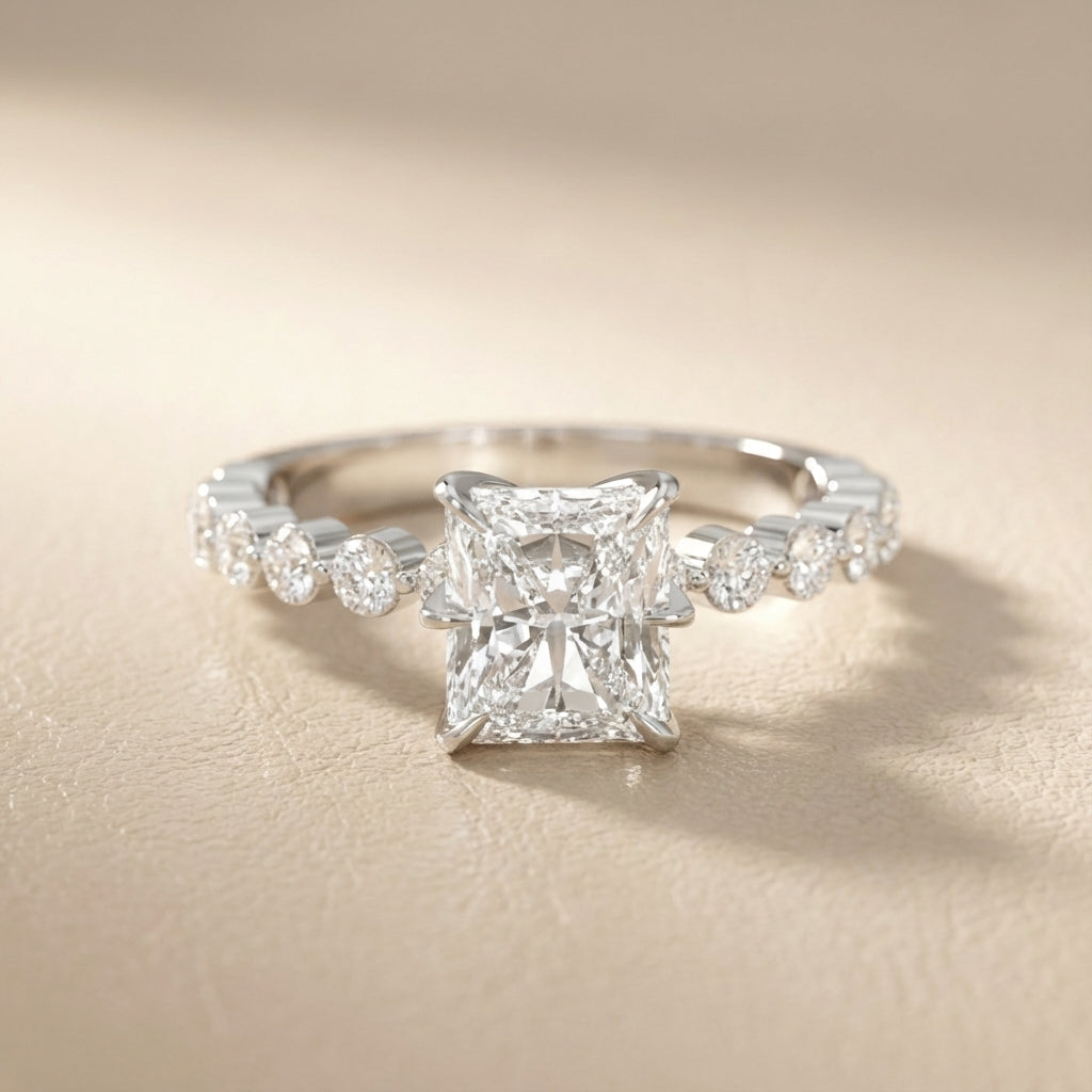 Radiant Cut Lab Grown Diamond Engagement Ring with Side Stones in White Gold