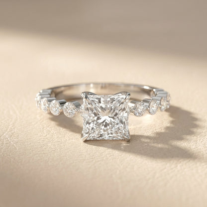 Princess Cut Lab Grown Diamond Engagement Ring in Platinum with floating side stones