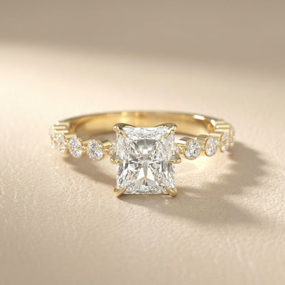 Radiant Cut Lab Grown Diamond Engagement Ring with Side Stones in Yellow Gold