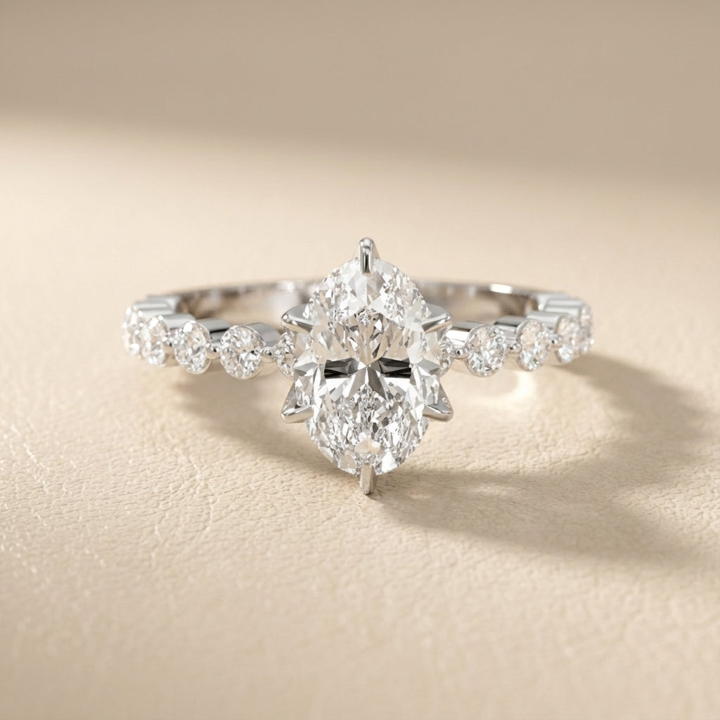 Oval Cut Lab Grown Diamond Eleanor Majesty Engagement Ring with Side Stones in Silver