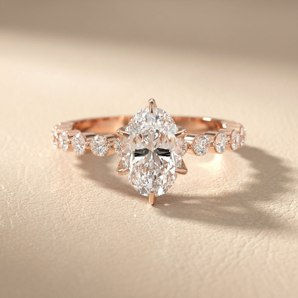 Oval Cut Lab Grown Diamond Eleanor Majesty Engagement Ring with Side Stones in Rose Gold