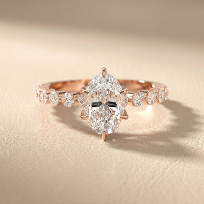 Oval Cut Lab Grown Diamond Eleanor Majesty Engagement Ring with Side Stones in Rose Gold