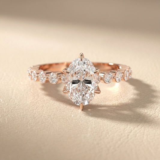 Oval Cut Lab Grown Diamond Eleanor Majesty Engagement Ring with Side Stones in Rose Gold
