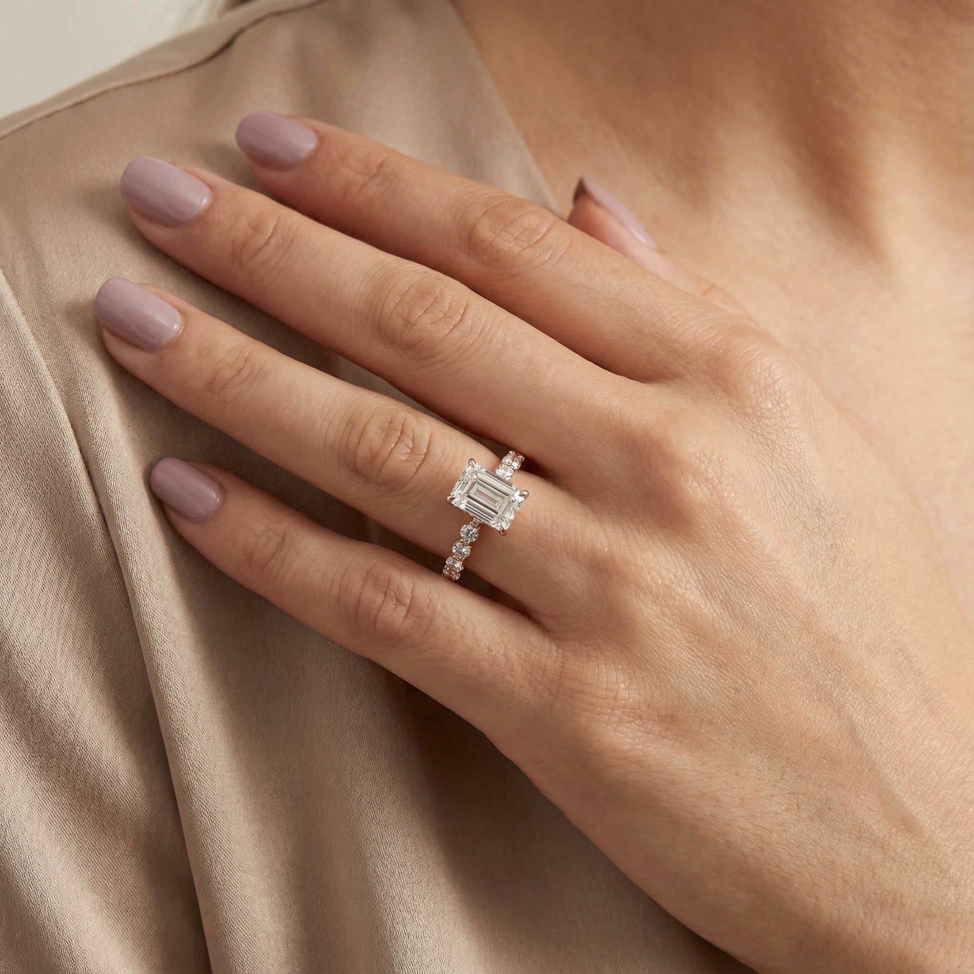 Emerald Cut Lab Grown Diamond Engagement Ring with Side Stones in Rose Gold