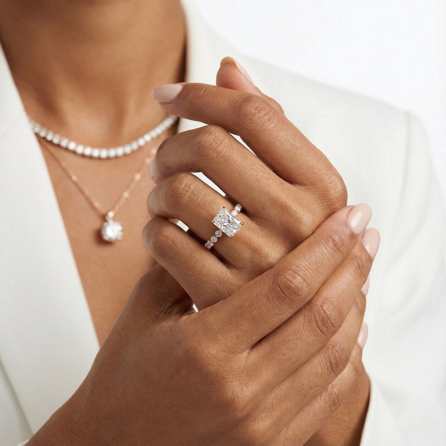 Radiant Cut Lab Grown Diamond Engagement Ring with Side Stones in Rose Gold