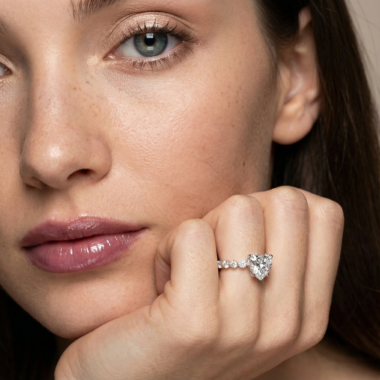 Heart Cut Lab Grown Diamond Side Stone Engagement Ring in Silver setting