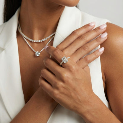 Emerald Cut Lab Grown Diamond Engagement Ring with Side Stones in Yellow Gold