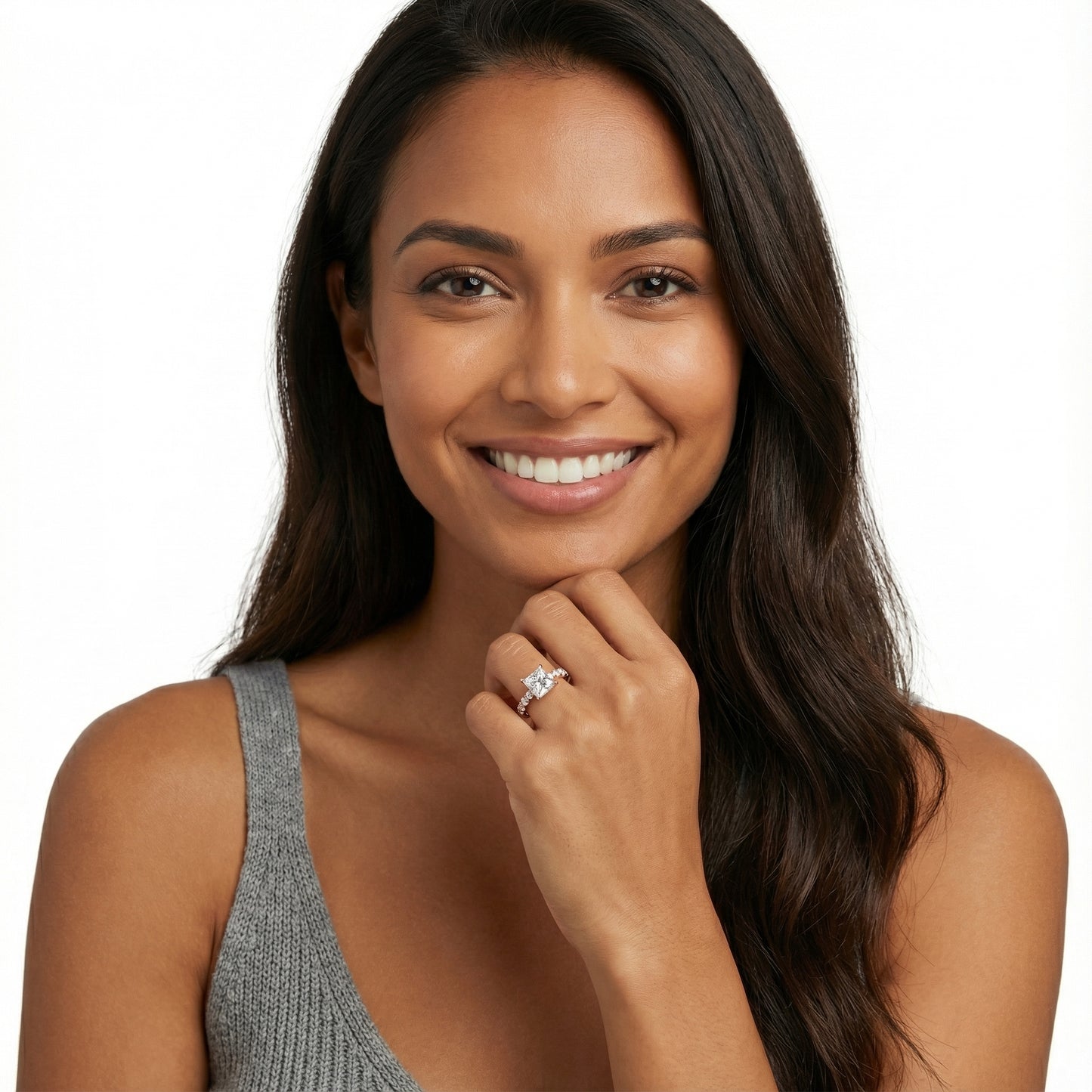 Princess Cut Lab Grown Diamond Engagement Ring in Rose Gold with floating side stones