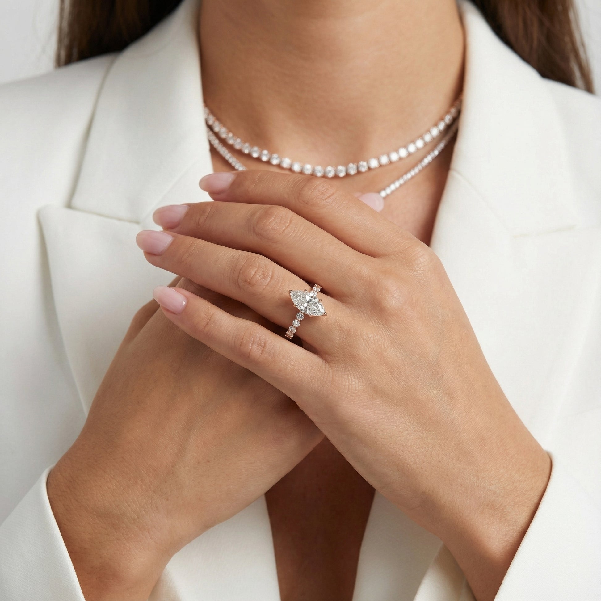 Marquise Cut Lab Grown Diamond Engagement Ring with floating side stones set in Rose Gold