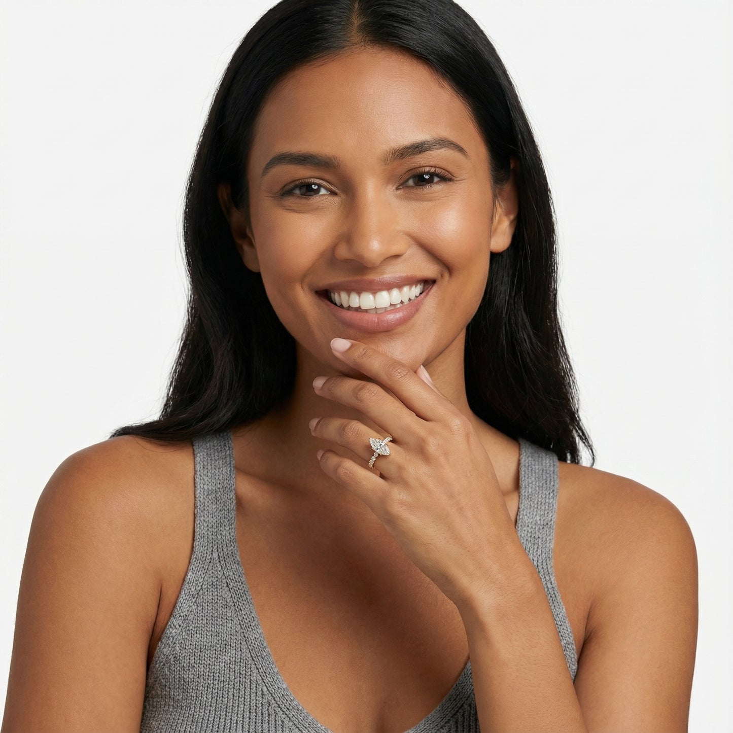 Marquise Cut Lab Grown Diamond Engagement Ring with floating side stones set in Yellow Gold