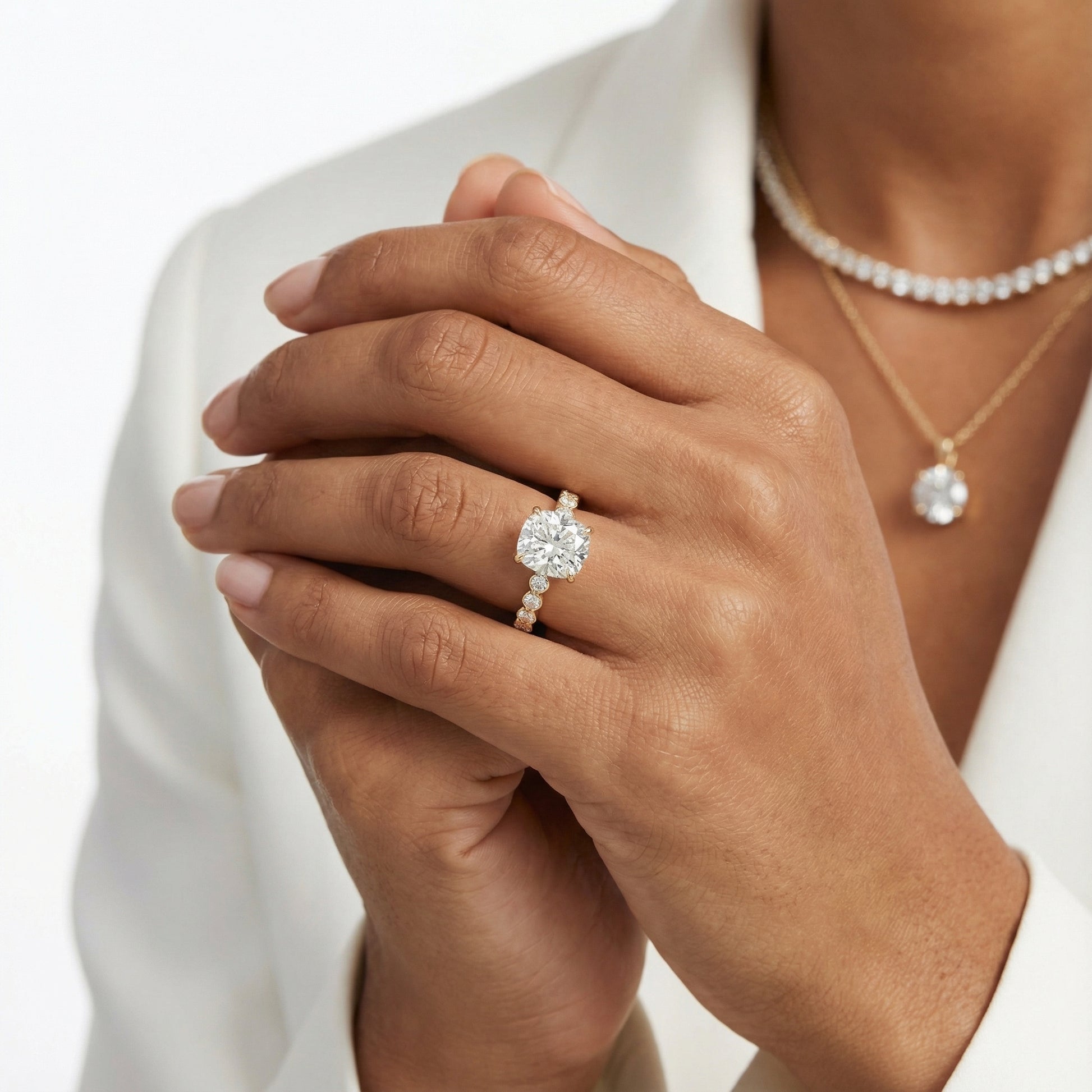 Cushion Cut Lab Grown Diamond Eleanor Majesty Engagement Ring set in Yellow Gold