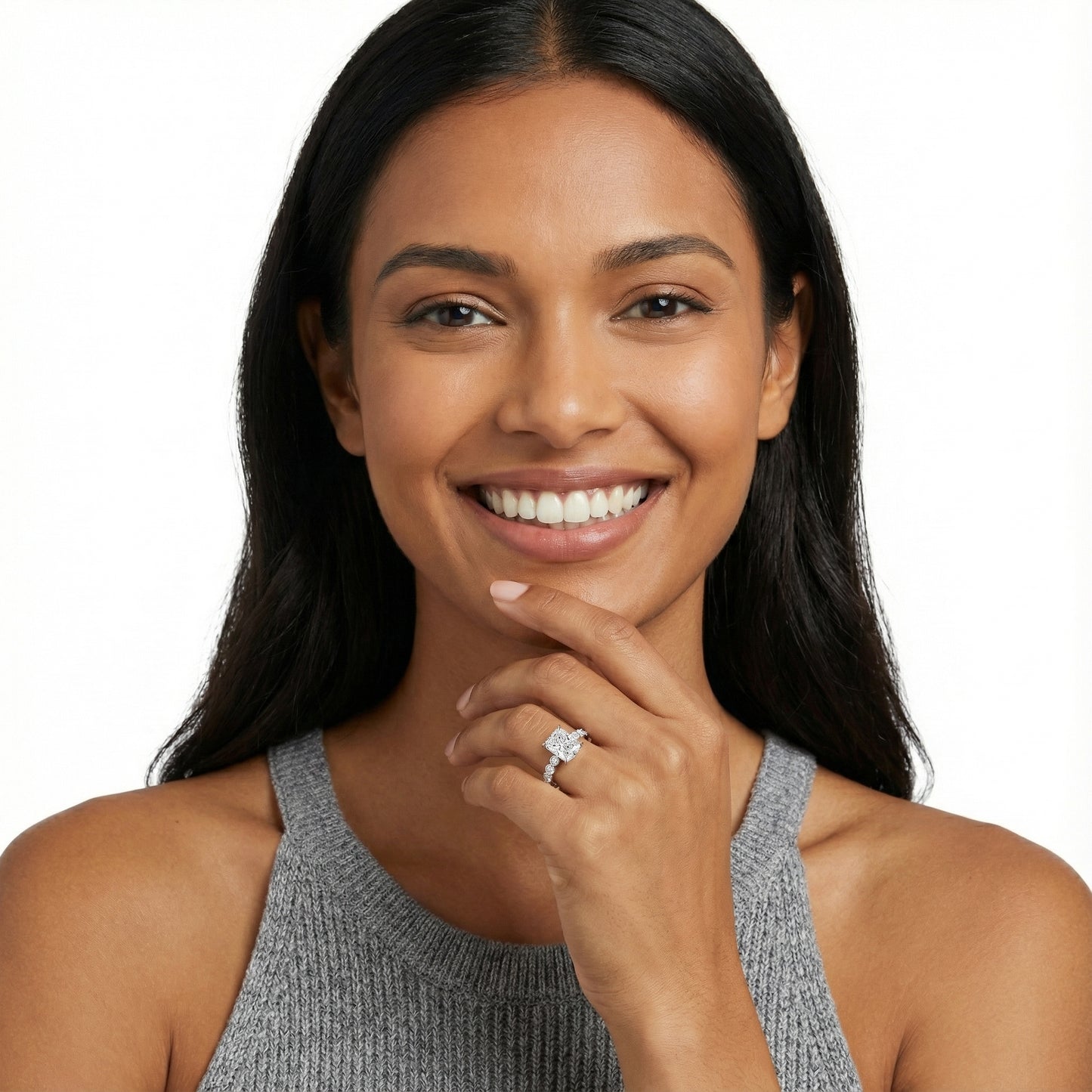 Radiant Cut Lab Grown Diamond Engagement Ring with Side Stones in Silver