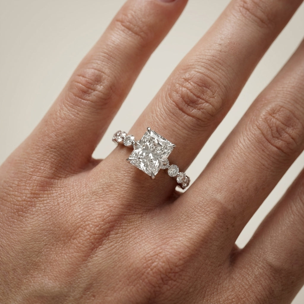 Radiant Cut Lab Grown Diamond Engagement Ring with Side Stones in White Gold