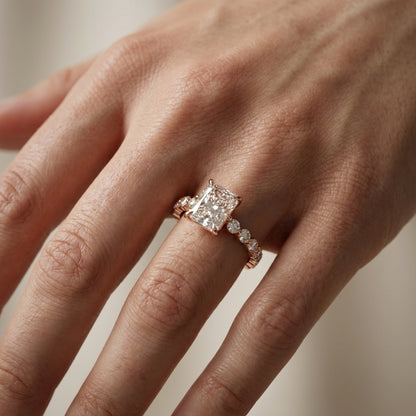 Radiant Cut Lab Grown Diamond Engagement Ring with Side Stones in Rose Gold