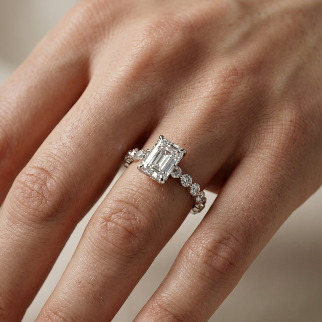 Emerald Cut Lab Grown Diamond Engagement Ring with Side Stones in White Gold